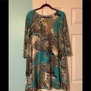 Teal, gold, beige paisley print top 3X